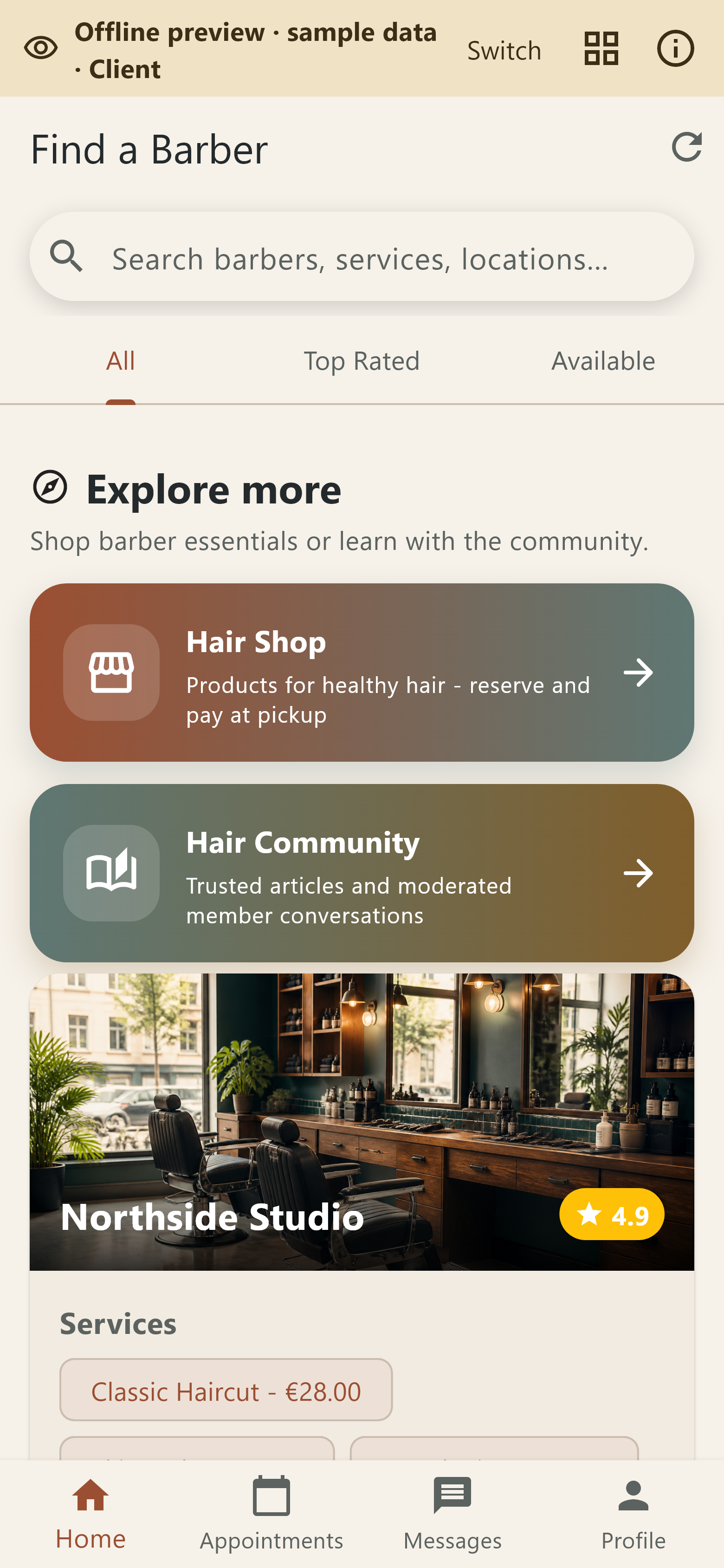 BarberShop — Product preview · illustrative content