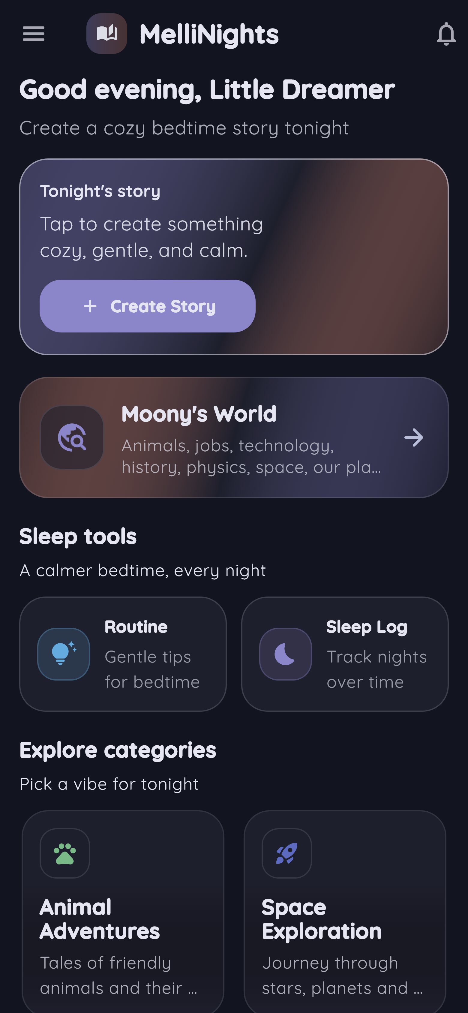 MelliNights — Product preview · illustrative content